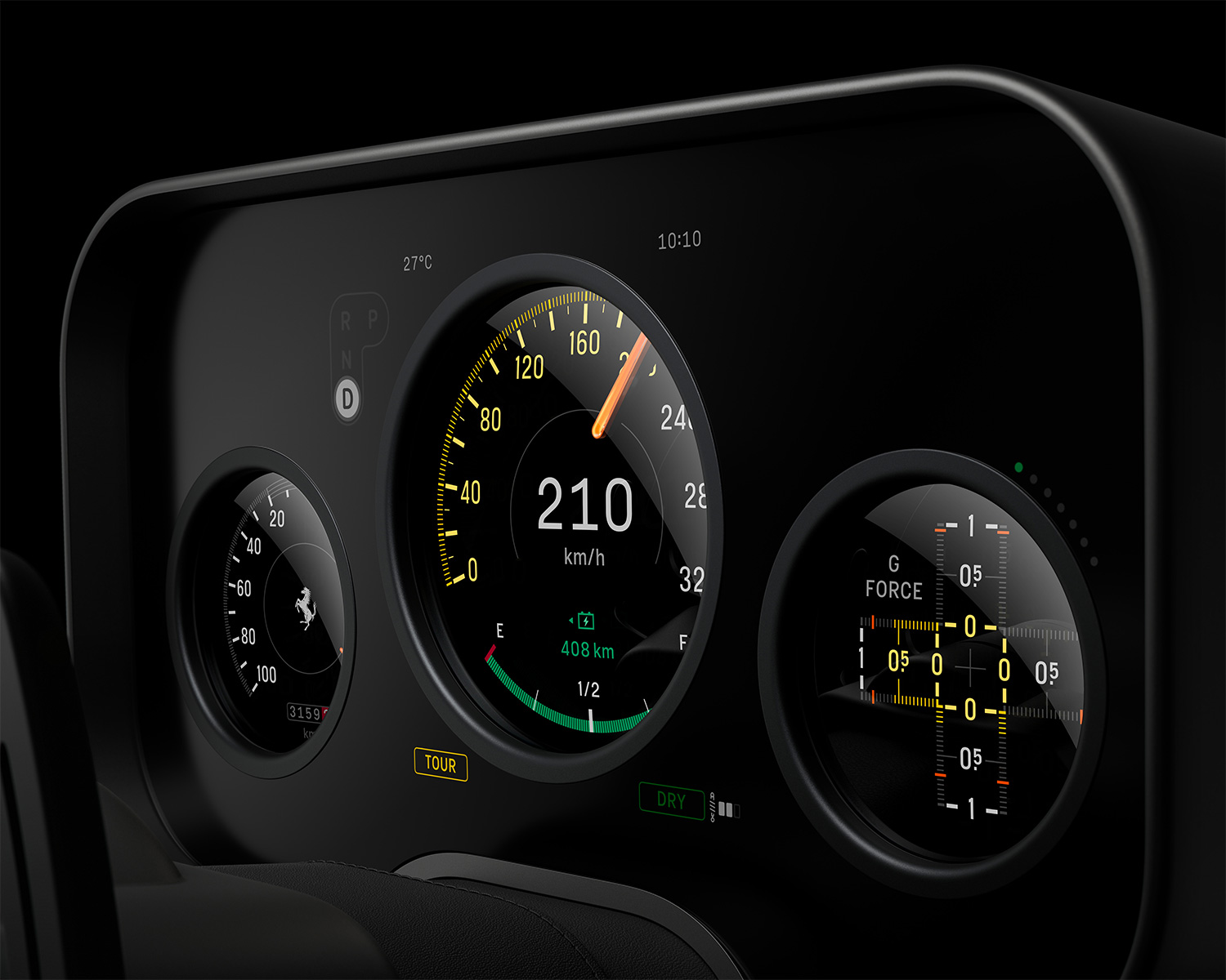 A close-up of the instrument cluster in the Ferrari Luce EV