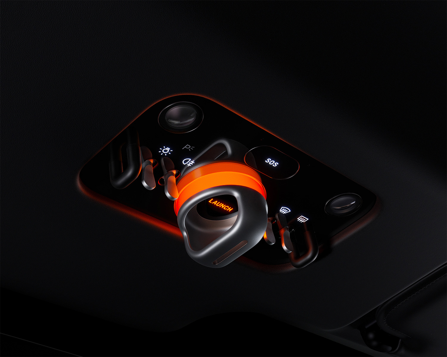 The overhead controls in the Ferrari Luce EV, including a button for launch mode