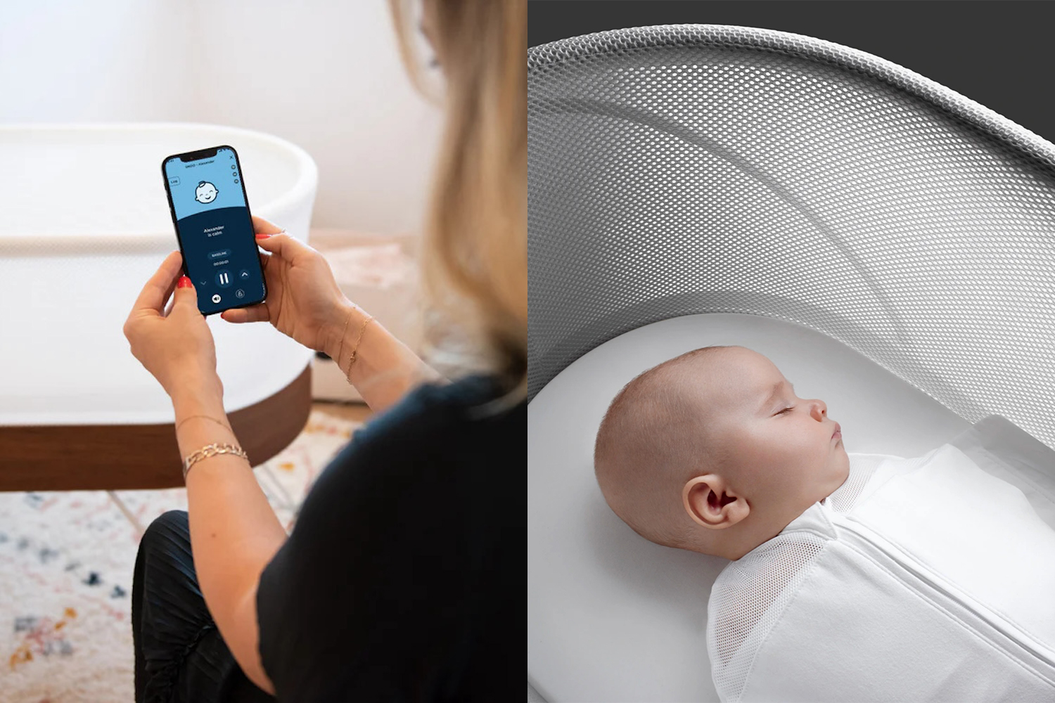 In the left photo, a woman using the Happiest Baby app to control the Snoo. On the right, a baby sleeping in the smart bassinet.