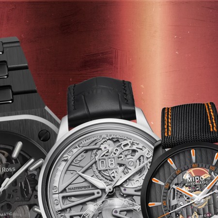 A collage of Bell & Ross, Maurice Lacroix, Mido, and Zenith openworked watches.