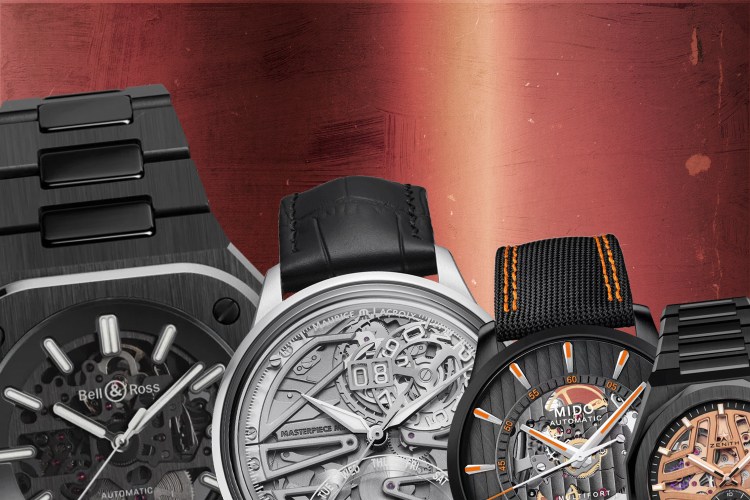 A collage of Bell & Ross, Maurice Lacroix, Mido, and Zenith openworked watches.