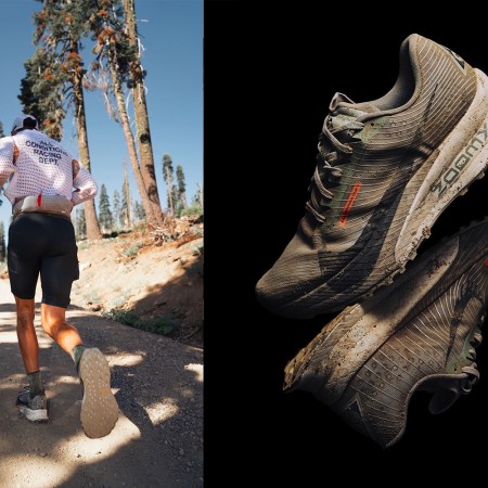 A split image with lifestyle shot and product shot for Nike ACG Ultrafly Trail.