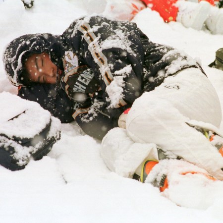 An Olympian napping in the cold.