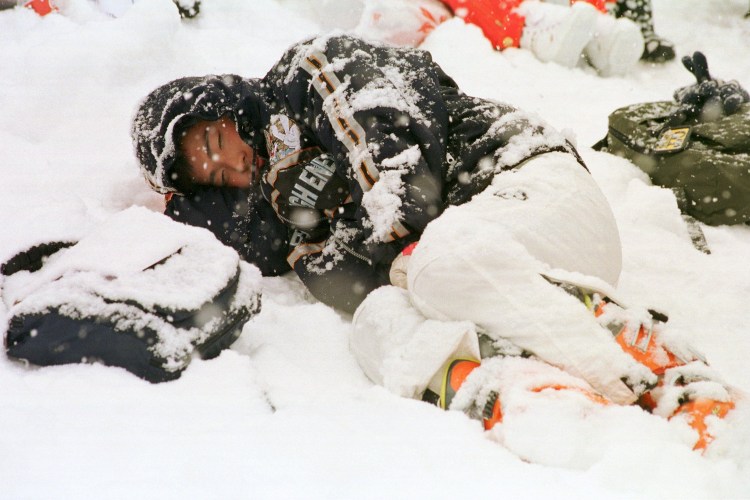 An Olympian napping in the cold.