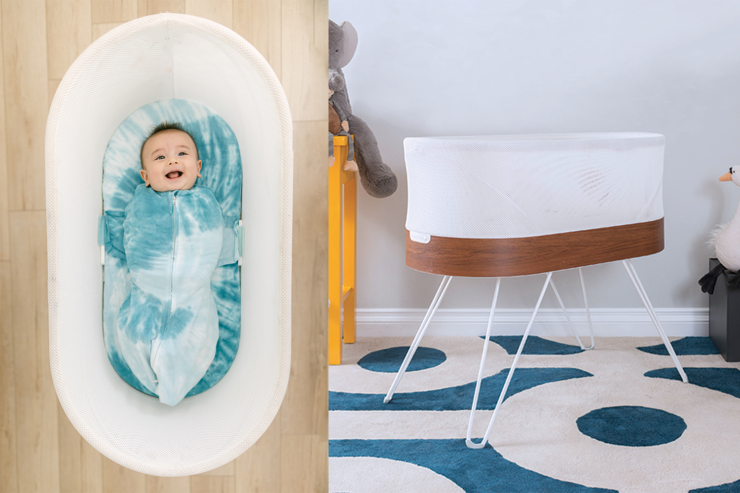 A baby in the Snoo, a high-tech bassinet, in the left photo. On the right, the Happiest Baby Snoo sitting in the middle of a nursery.