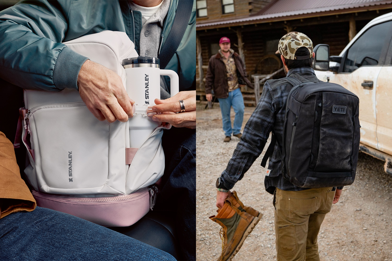 In the left photo, a man is holding a Stanley Vitalize Macro Method Backpack. In the right image, another man is wearing a Yeti Crossroads Backpack.