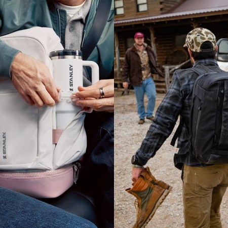 In the left photo, a man is holding a Stanley Vitalize Macro Method Backpack. In the right image, another man is wearing a Yeti Crossroads Backpack.