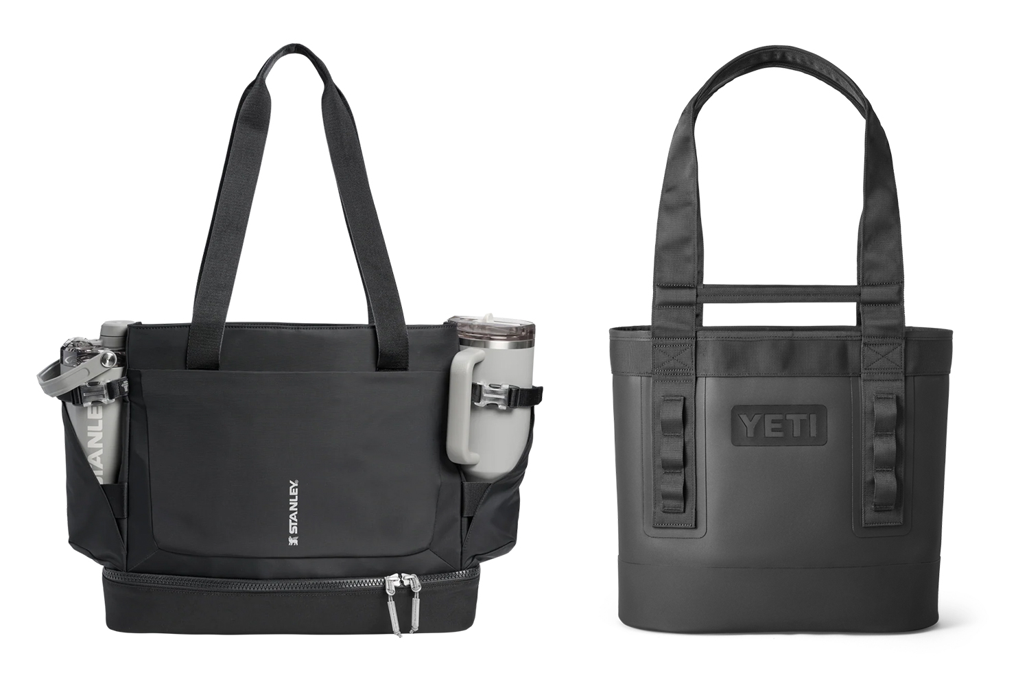 The Stanley Macro Method Tote Bag in black next to the Yeti Camino 20 Caryall Tote Bag in black
