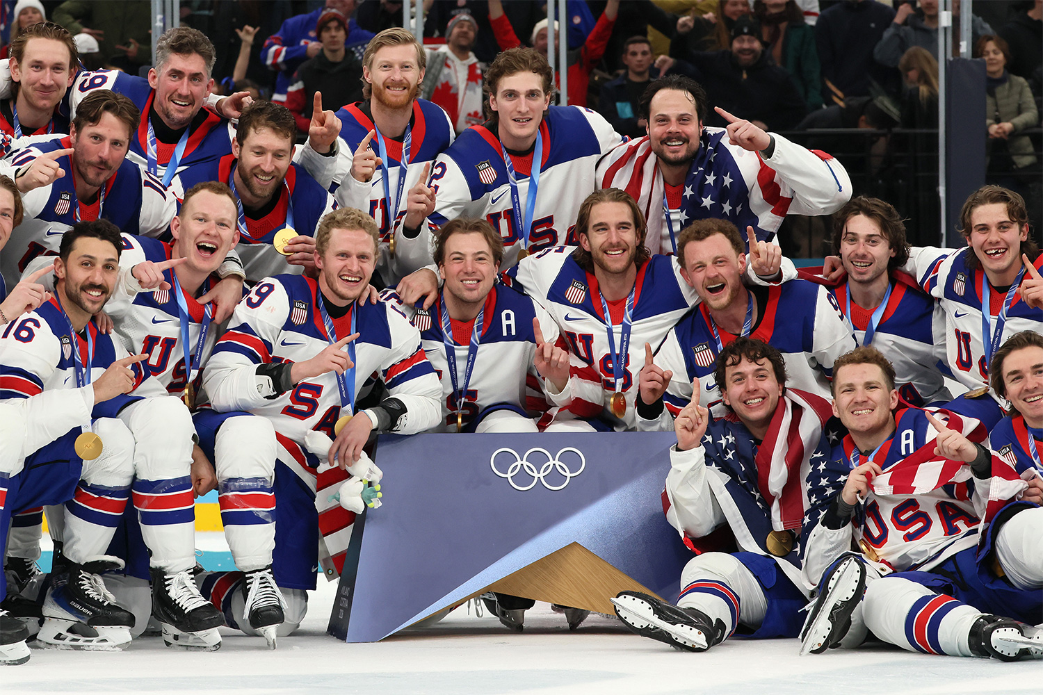 The U.S. men’s hockey team after winning a gold medal at the Milano Cortina 2026 Winter Olympics