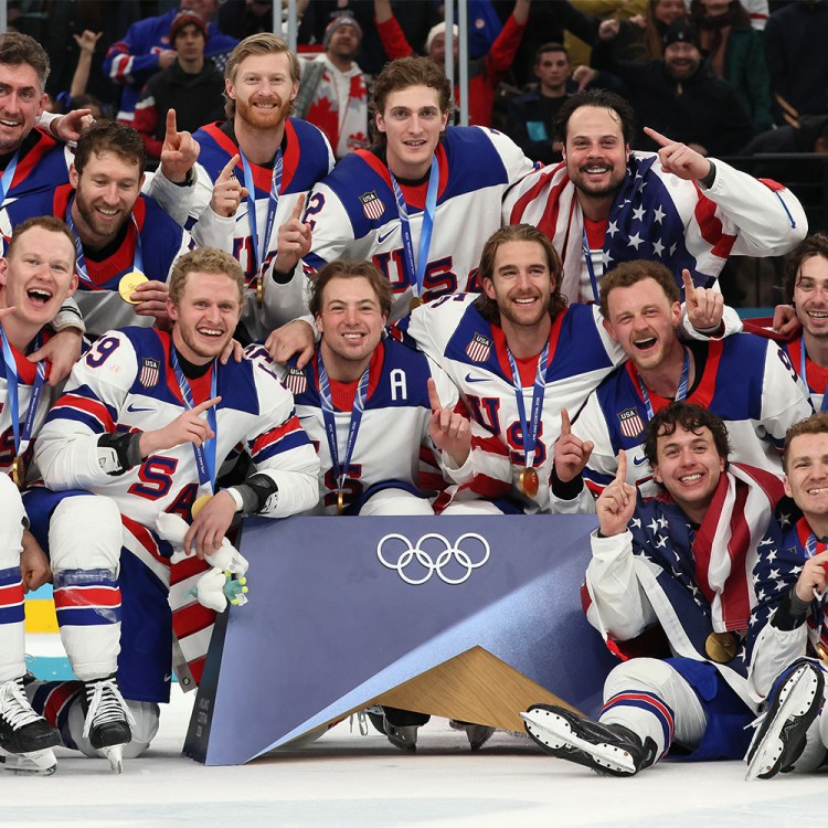 The U.S. men’s hockey team after winning a gold medal at the Milano Cortina 2026 Winter Olympics