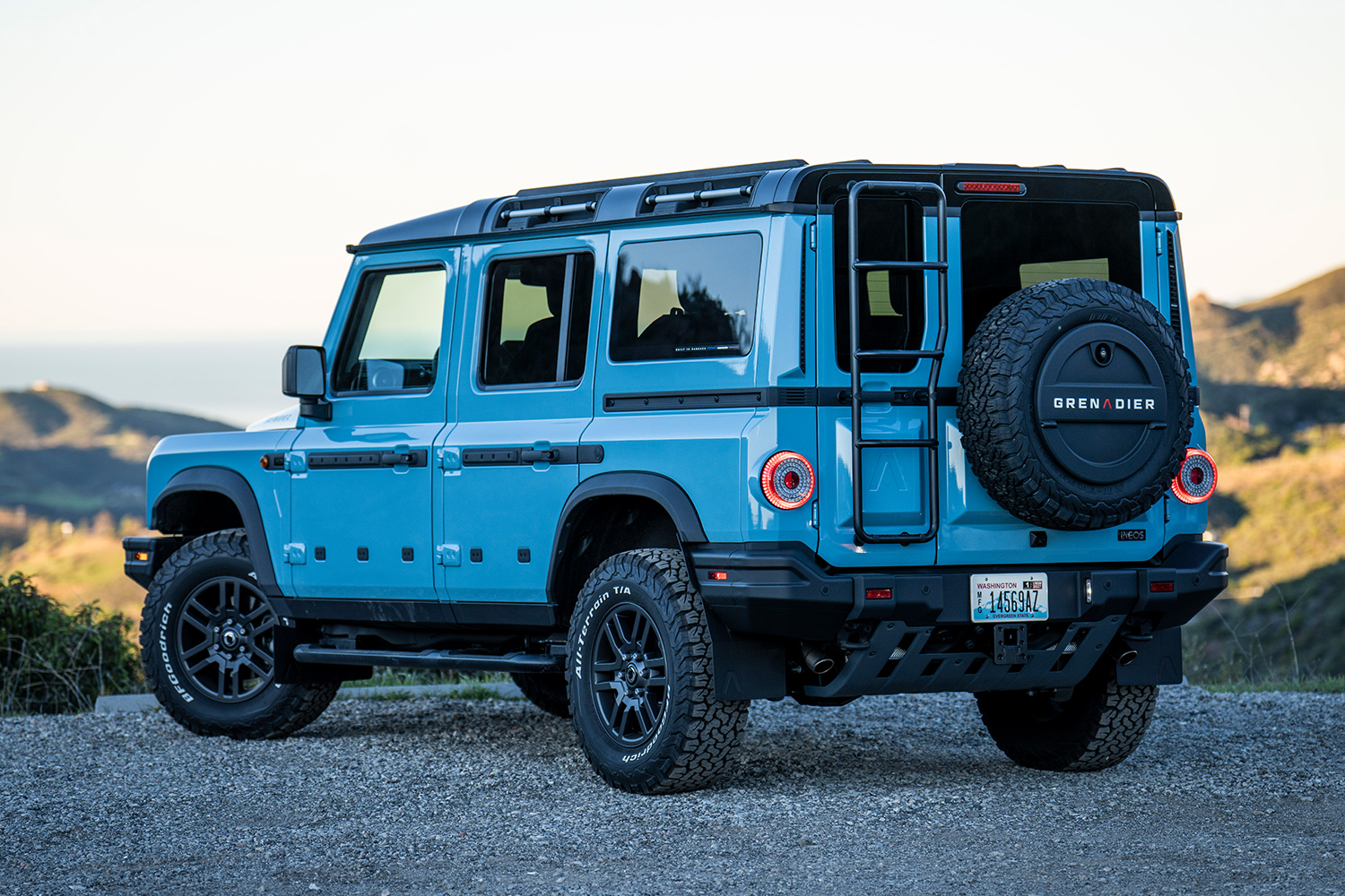A 2026 model year Ineos Grenadier Station Wagon (or SUV) pictured from the rear end