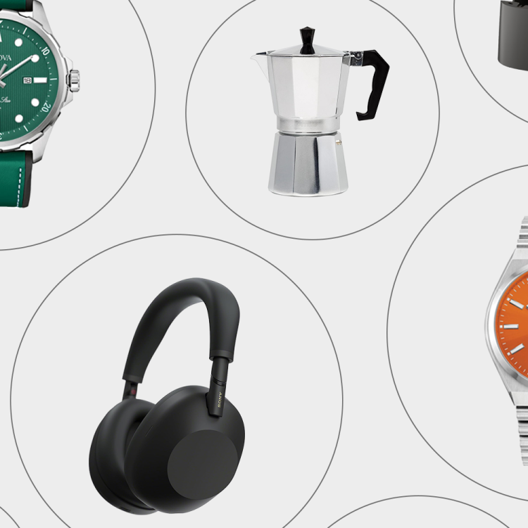 a collage of watches, a moka pot, headphones and a TV