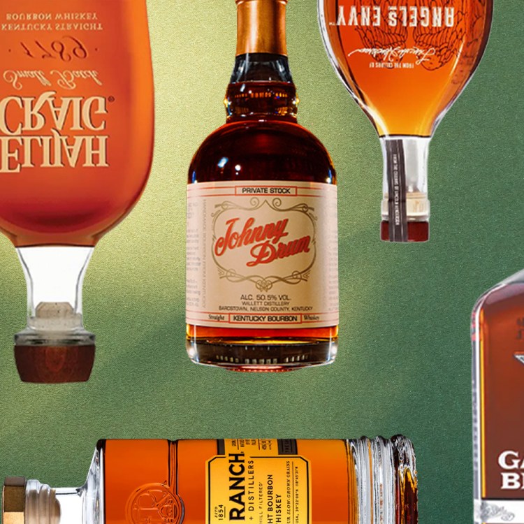 bourbon bottles arranged on a green ombre background