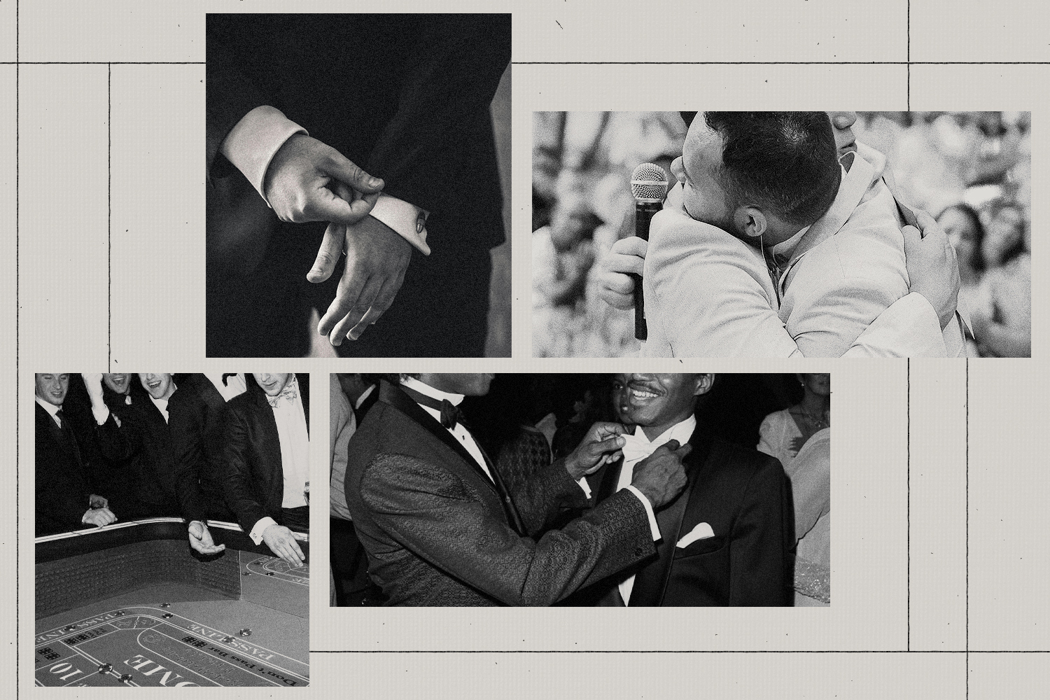 A collage of grooms and their best man and groomsmen