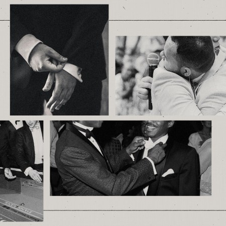 A collage of grooms and their best man and groomsmen