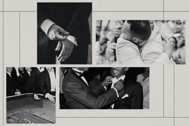 A collage of grooms and their best man and groomsmen