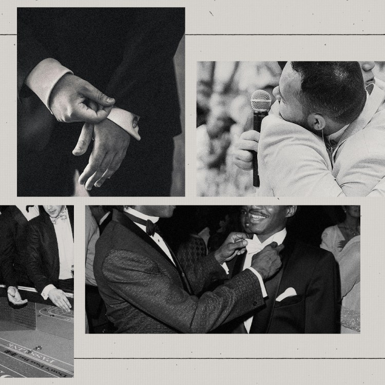 A collage of grooms and their best man and groomsmen