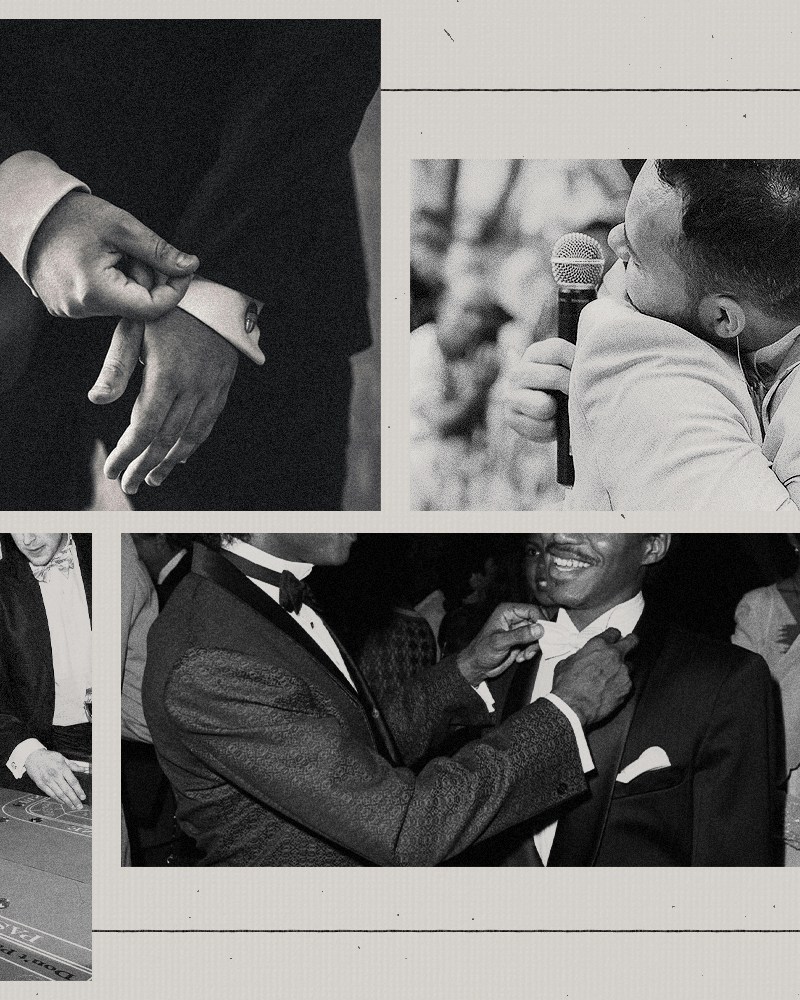 A collage of grooms and their best man and groomsmen