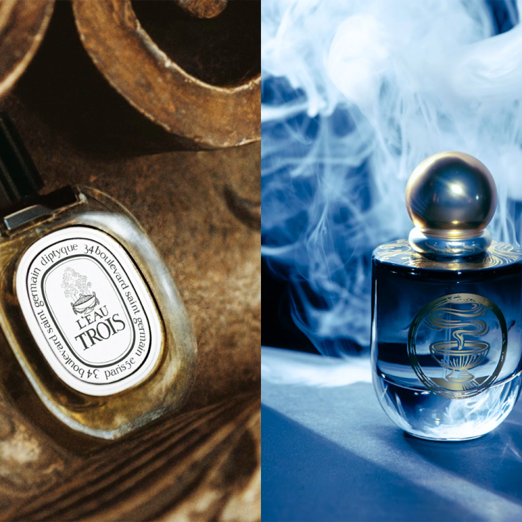 Diptyque L’Eau Trois and Sage & Salt Sacred Ember, two of the best incense colognes for men