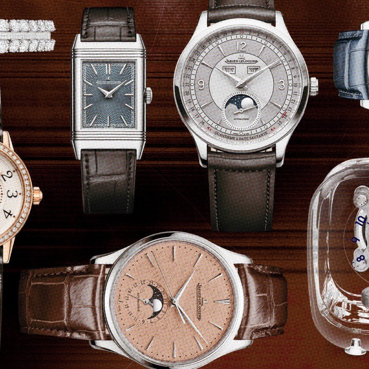 A collage of watches and clocks from Jaeger-LeCoultre, including the Reverso, Calibre 101, Atmos and others