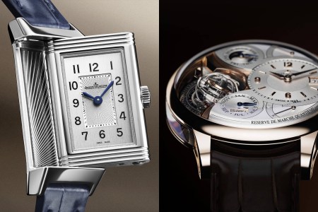 The Jaeger-LeCoultre Reverso on the left next to the brand's Duometre Heliotourbillon watch on the right