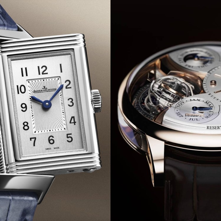 The Jaeger-LeCoultre Reverso on the left next to the brand's Duometre Heliotourbillon watch on the right