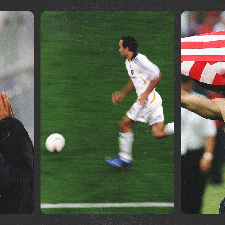 A triptych of Landon Donovan running with a soccer ball, holding his head in his hands, and celebrating with the American flag.