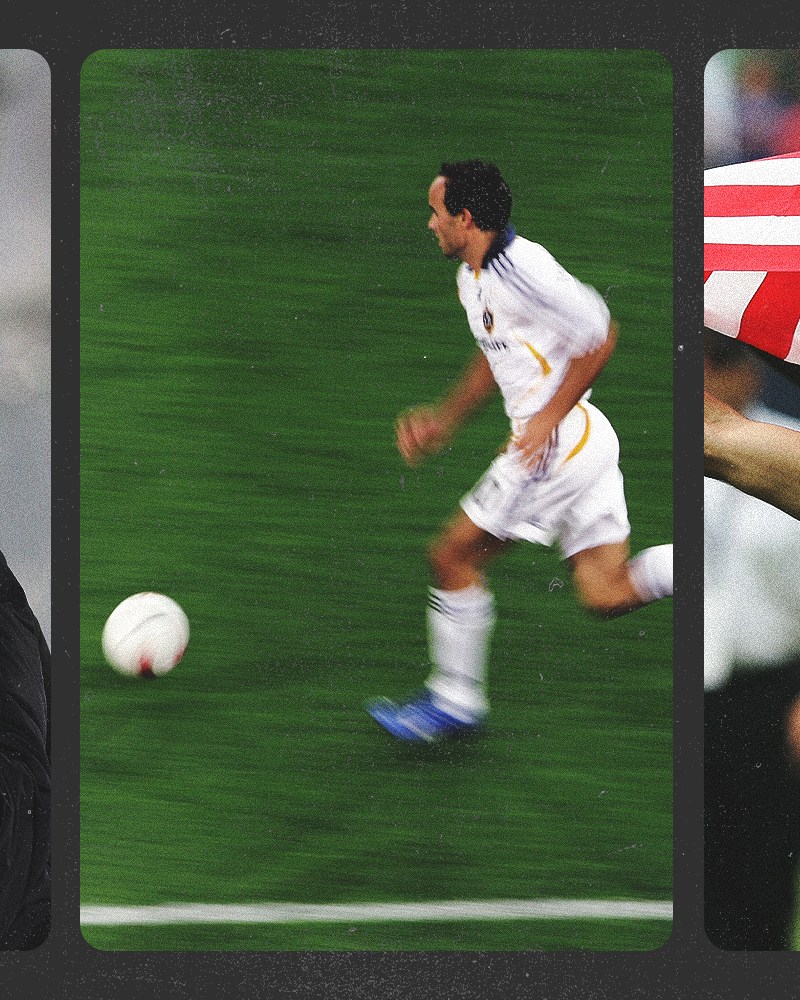 A triptych of Landon Donovan running with a soccer ball, holding his head in his hands, and celebrating with the American flag.