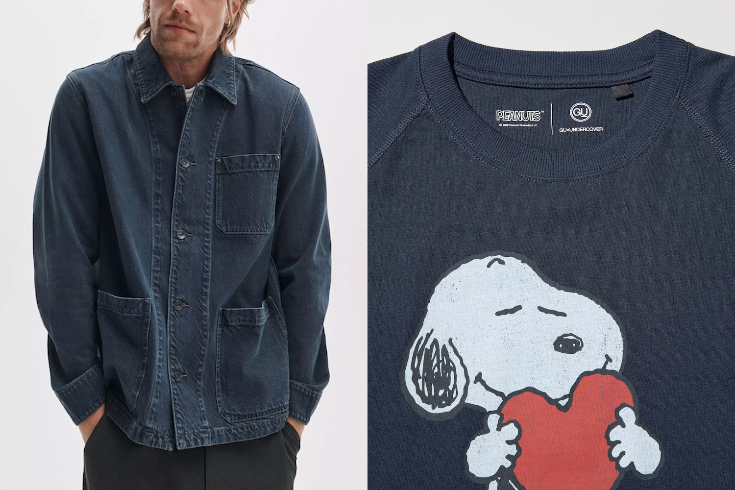A model in a denim jacket an a close up of a snoopy shirt
