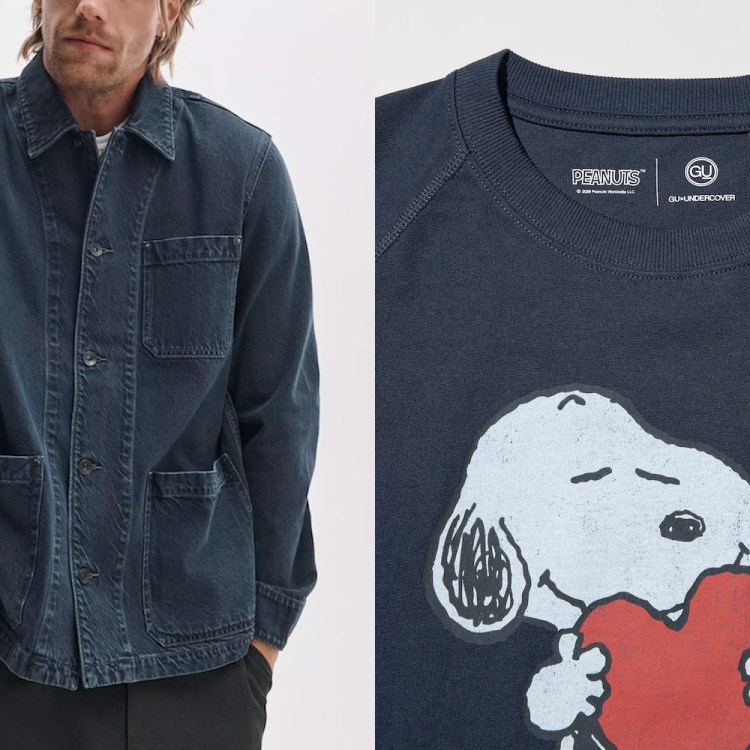 A model in a denim jacket an a close up of a snoopy shirt