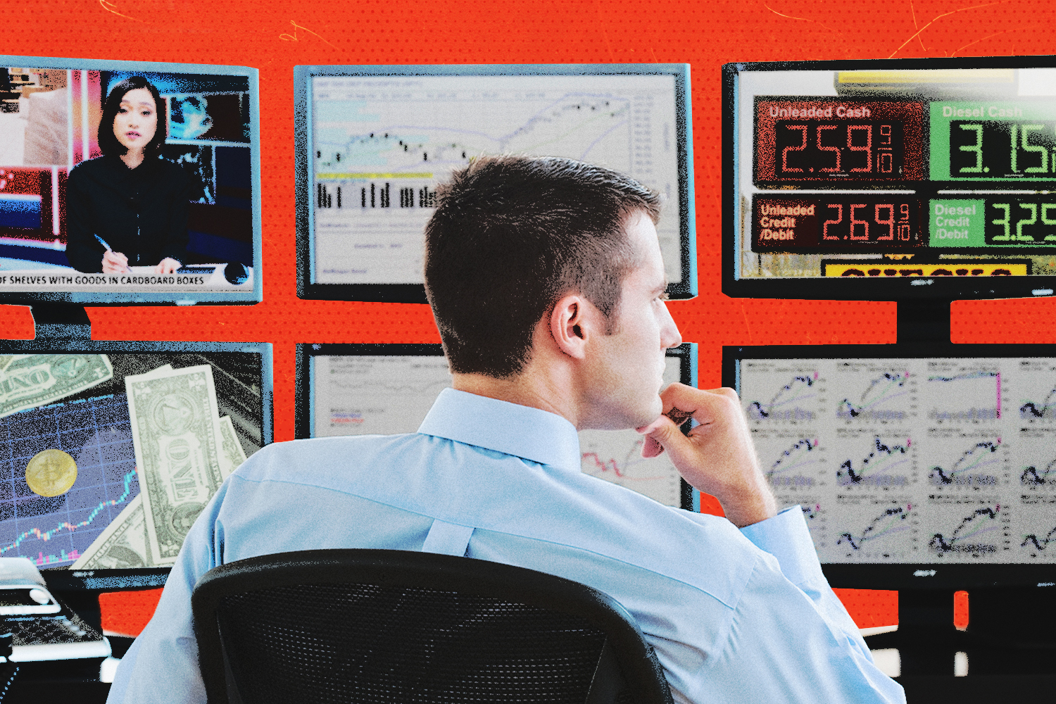 A man analyzing multiple screens with news and charts