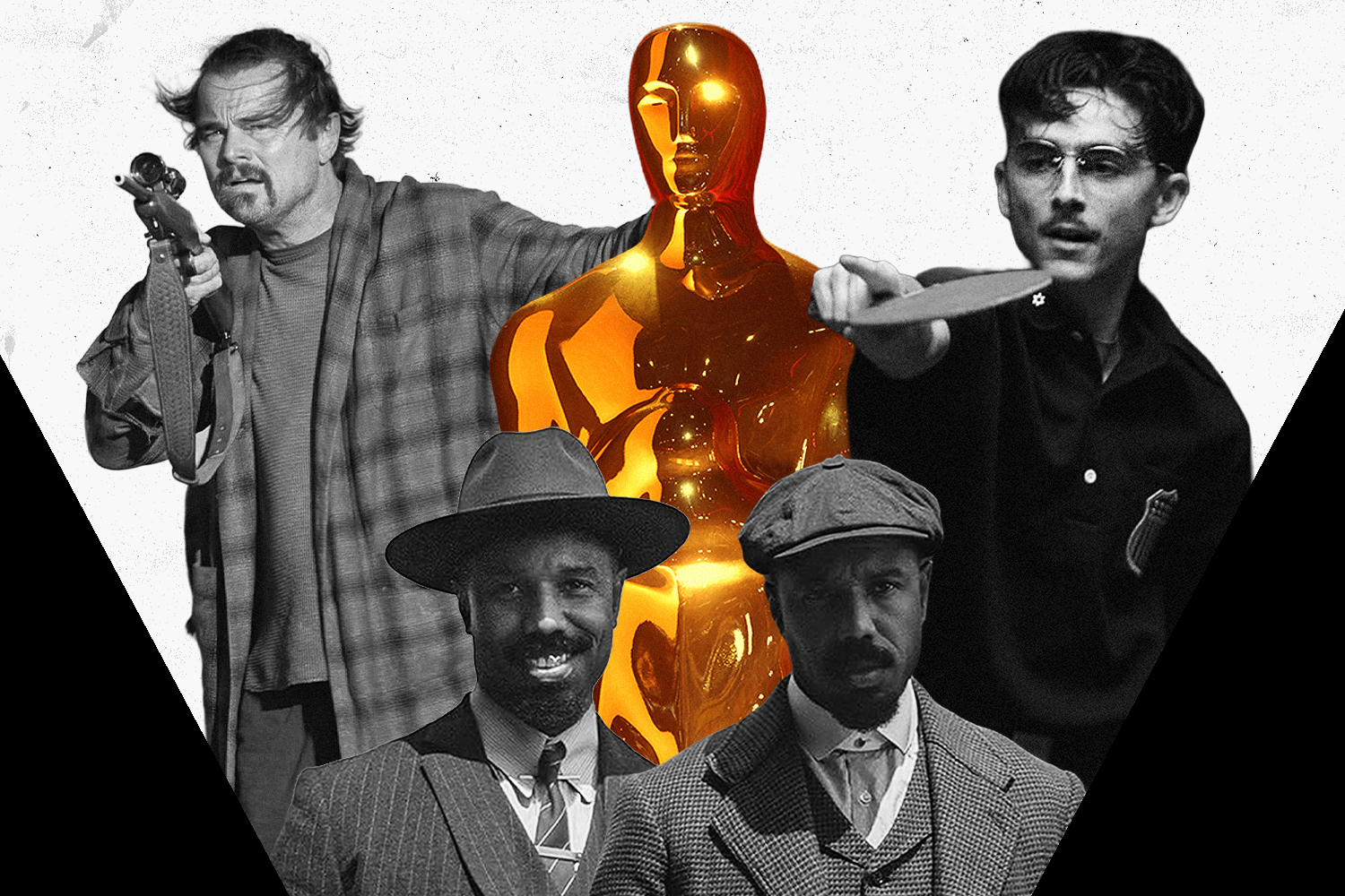 Scenes from the biggest movies of the 2026 Oscars next to a statuette: One Battle After Another, Marty Supreme and Sinners