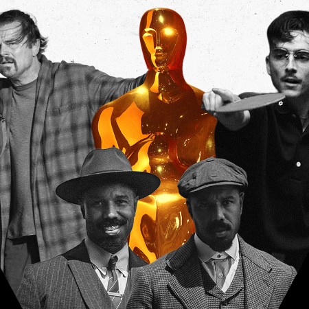 Scenes from the biggest movies of the 2026 Oscars next to a statuette: One Battle After Another, Marty Supreme and Sinners