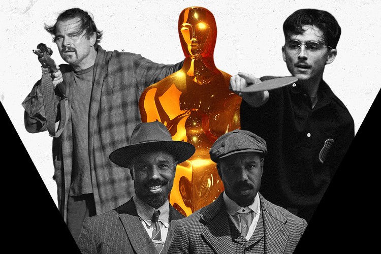 Scenes from the biggest movies of the 2026 Oscars next to a statuette: One Battle After Another, Marty Supreme and Sinners