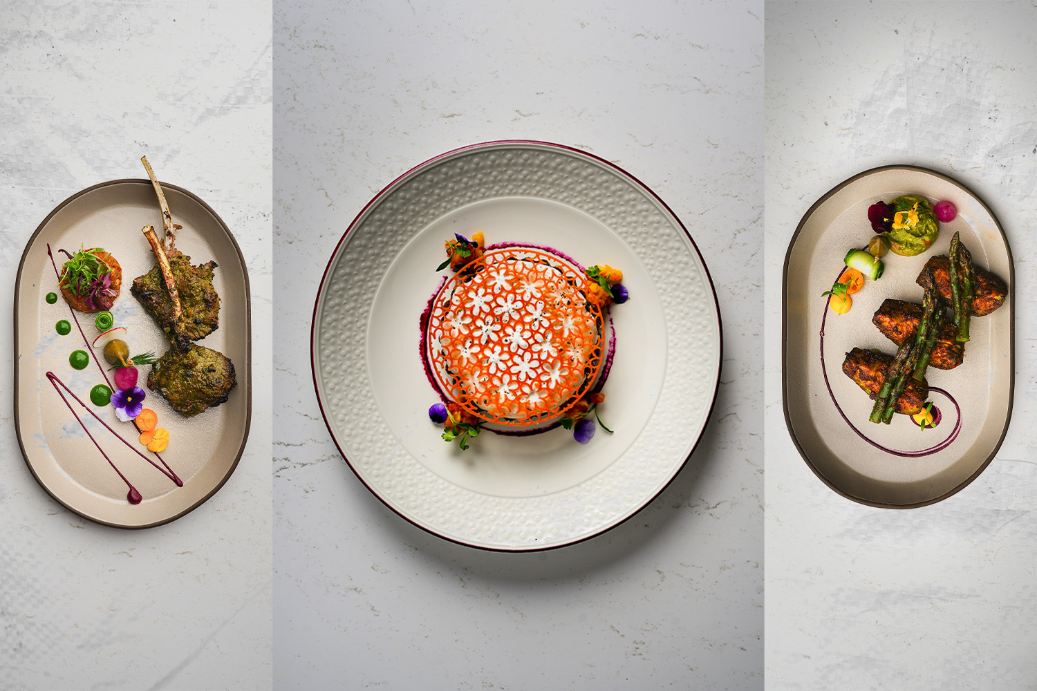 three single dishes of food next to each other on white backgrounds