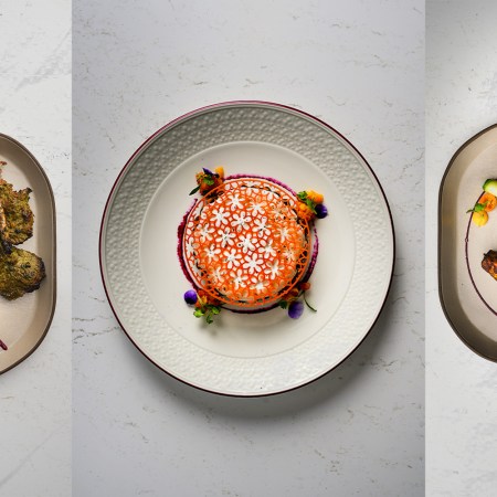 three single dishes of food next to each other on white backgrounds