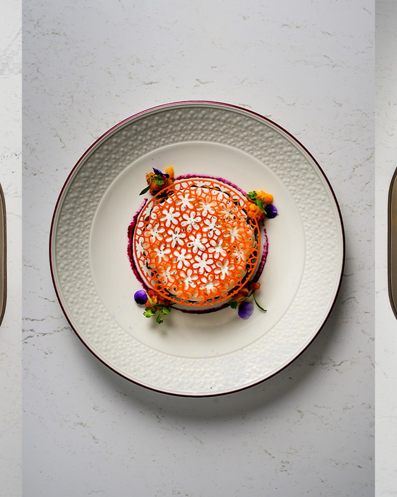 three single dishes of food next to each other on white backgrounds