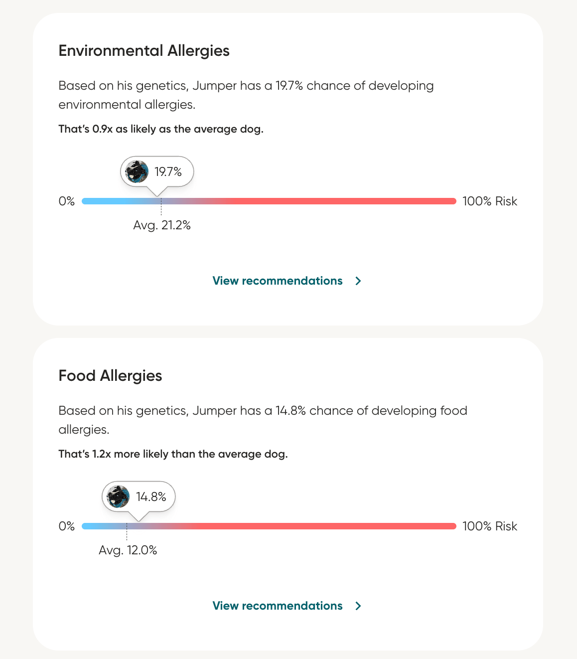 Embark's allergy risk section