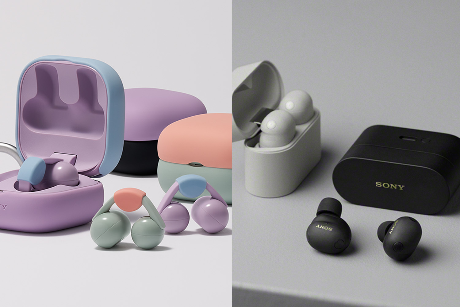 Two different types of earbuds. On the left there are earbuds and cases in purple, green and orange. On the right are earbuds and cases in black and white.