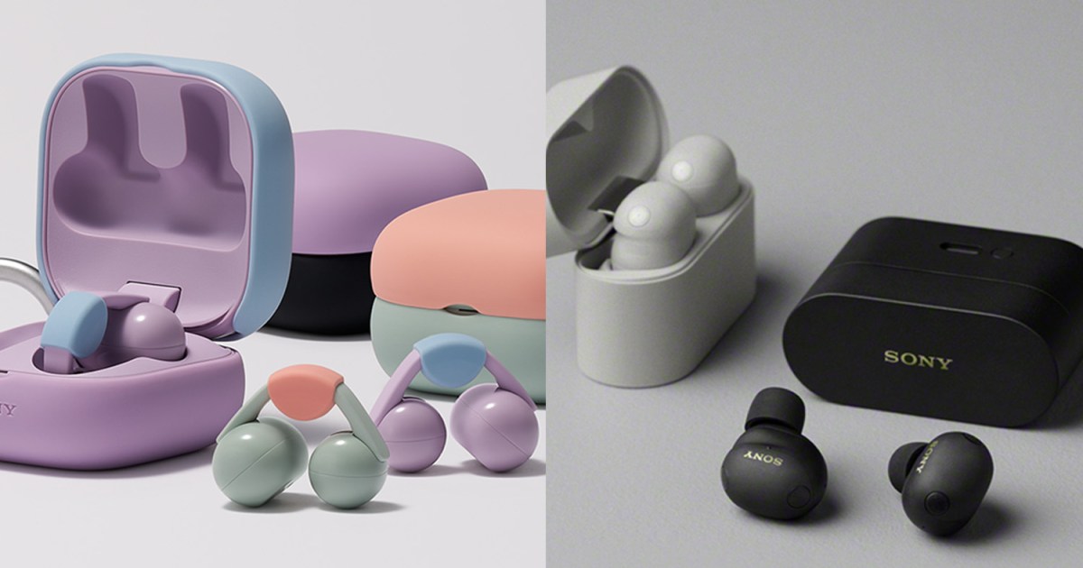 Two different types of earbuds. On the left there are earbuds and cases in purple, green and orange. On the right are earbuds and cases in black and white.