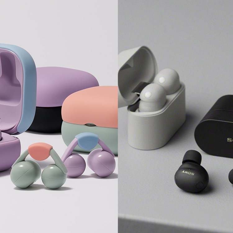 Two different types of earbuds. On the left there are earbuds and cases in purple, green and orange. On the right are earbuds and cases in black and white.