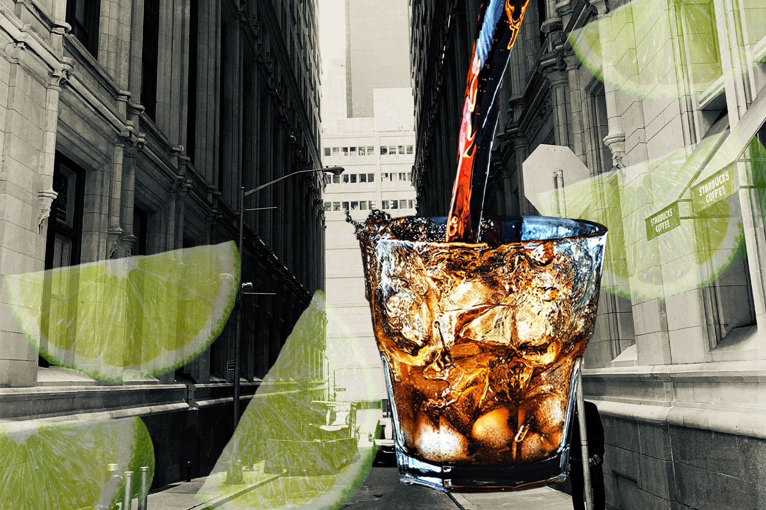 A rum and coke, limes and a city skyline