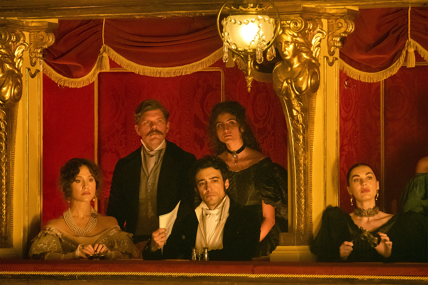 Blake Ritson (center) and other cast members in the Masterpiece on PBS series "The Count of Monte Cristo"