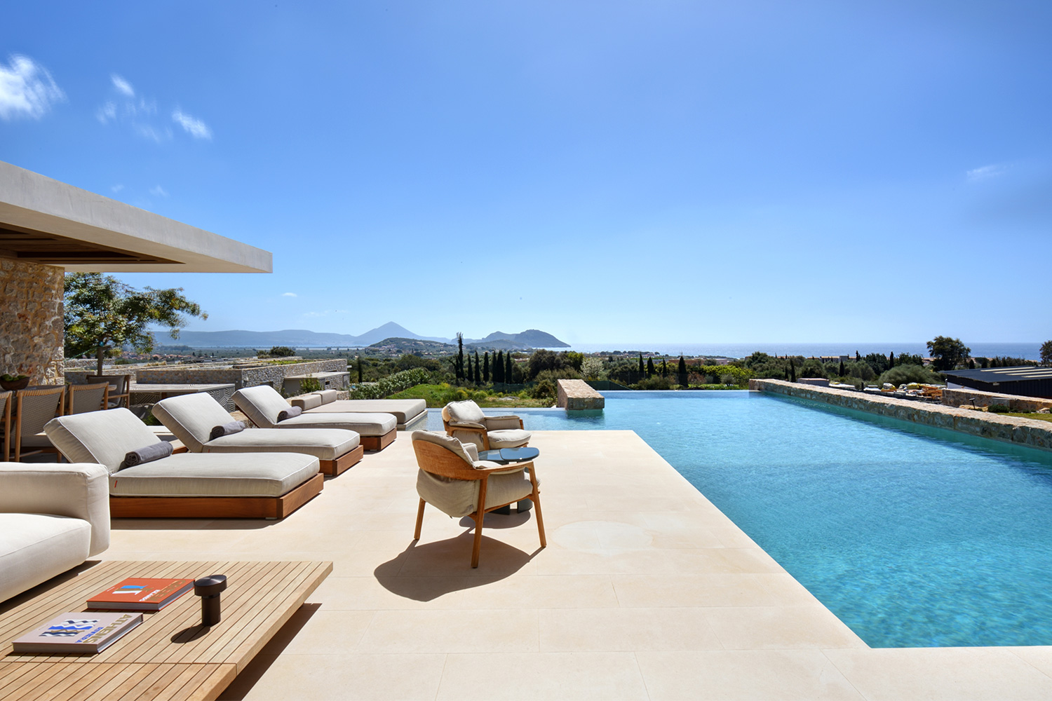The view from the pool deck of a home in Costa Navarino's Olive Grove neighborhood in Greece
