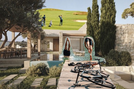 A collage of images from European communities that are courting American homebuyers, including Les Bordes Estate in France and Costa Navarino in Greece
