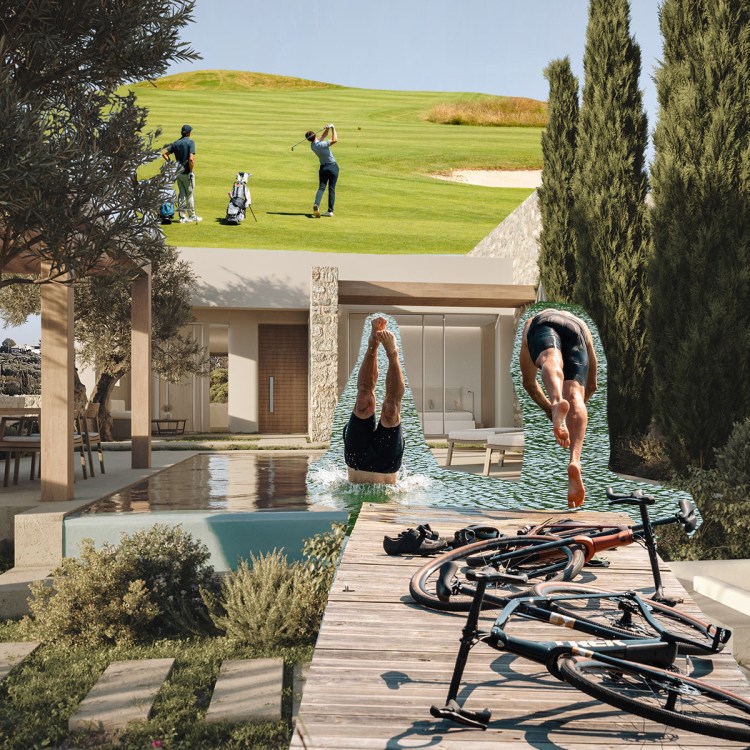 A collage of images from European communities that are courting American homebuyers, including Les Bordes Estate in France and Costa Navarino in Greece
