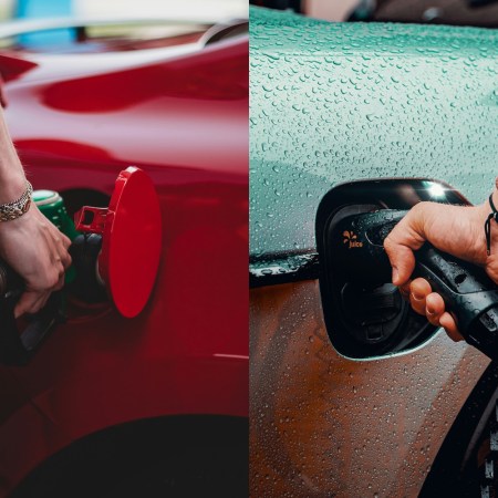A person pumping gasoline into a gas-powered car next to a person charging an electric vehicle