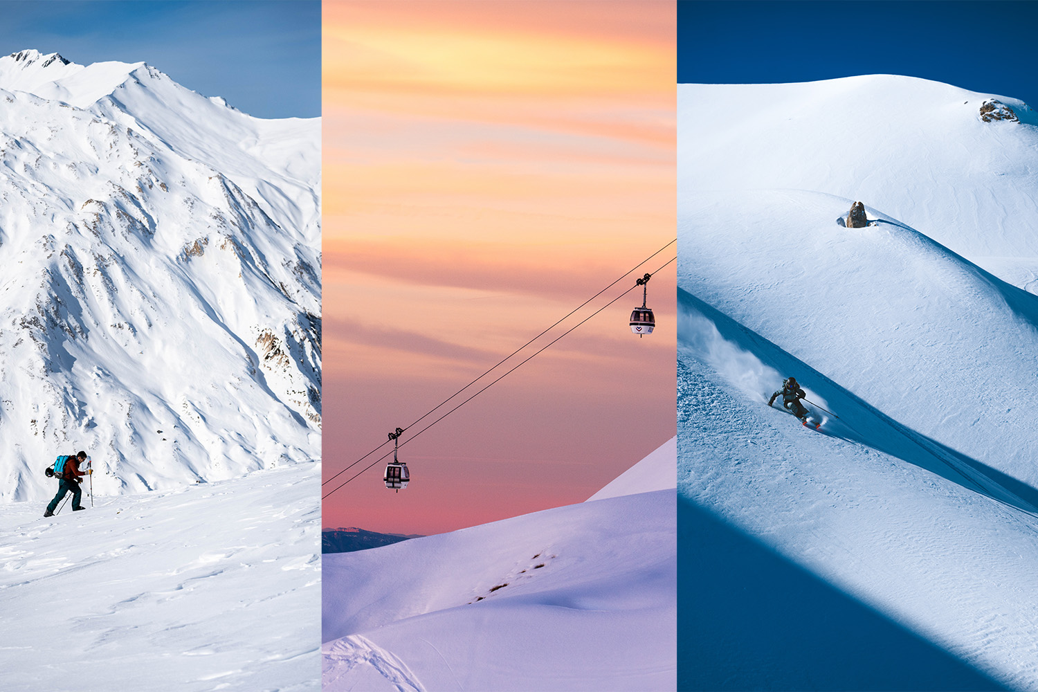A triptych of skiing scenes from The Three Valleys in the French Alps.