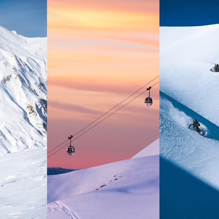 A triptych of skiing scenes from The Three Valleys in the French Alps.