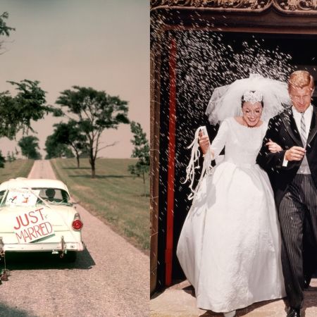 On the left, a white car driving down a dirt road with a "Just Married" sign. On the right, a bride and groom on their wedding day.